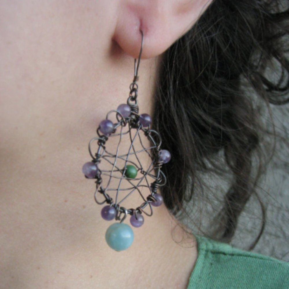Handmade Boho Dream Catcher Earrings Amethyst Turquoise Amazonite - Picture 4 of 7